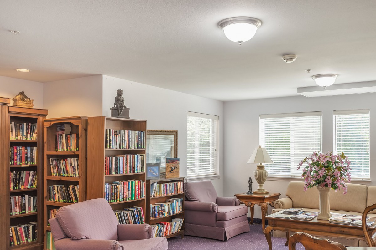 A cozy living room with armchairs, a bookshelf, and natural lighting.