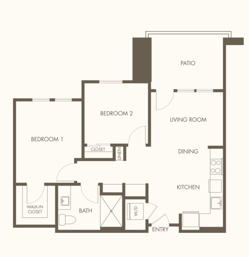 A floor plan of a two-bedroom apartment with a living room and kitchen.
