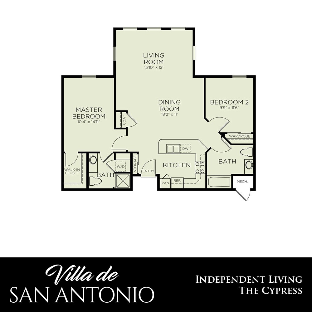 Layout of a two-bedroom independent living apartment at Villa de San Antonio.