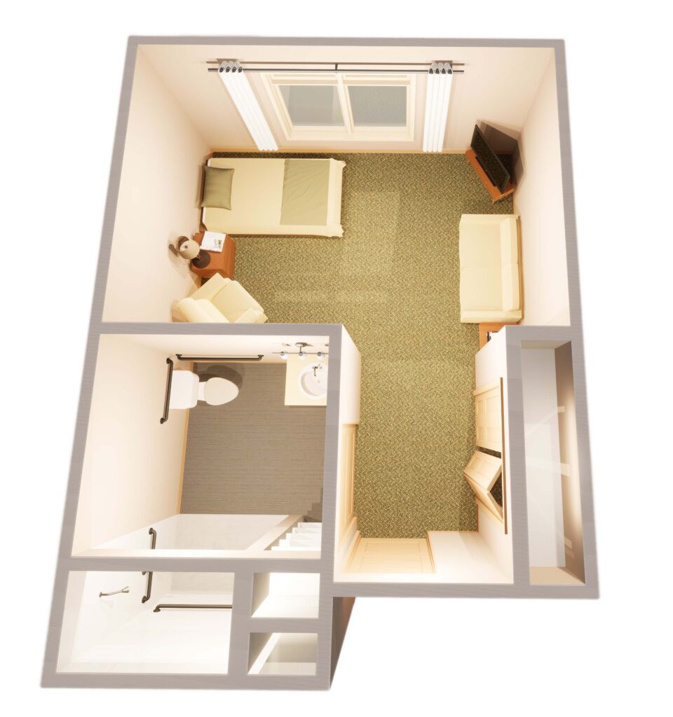 Top-view floor plan of a small bedroom with basic furnishings.