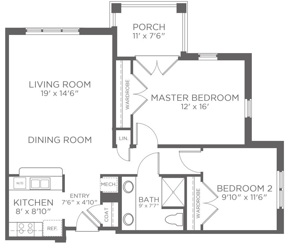 A detailed floor plan of a residential home including living room, kitchen, dining room, master bedroom, second bedroom, bathroom, and porch.