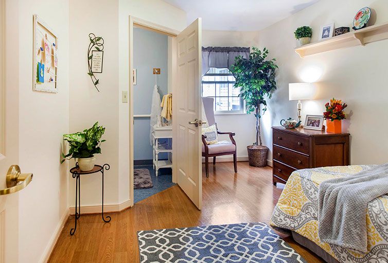 A cozy bedroom with tasteful decor, featuring plants and warm lighting.