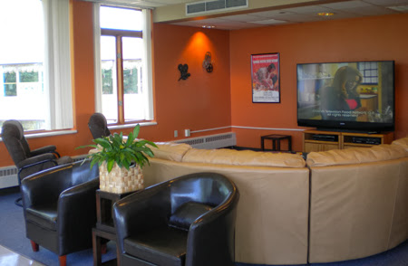 A cozy lounge area with comfortable seating, a television, and decorative elements.