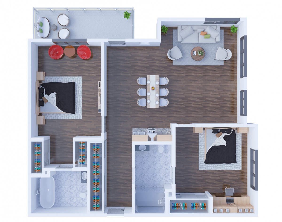 A 3D floor plan of a modern apartment featuring two bedrooms, a living room, dining area, kitchen, and bathroom.