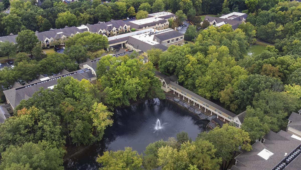 Aerial view of a park with a lake, fountain, and surrounding buildings.