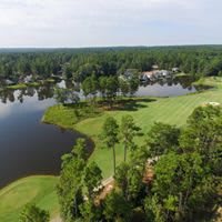 A scenic aerial view of a lush landscape with a lake surrounded by trees and greenery.