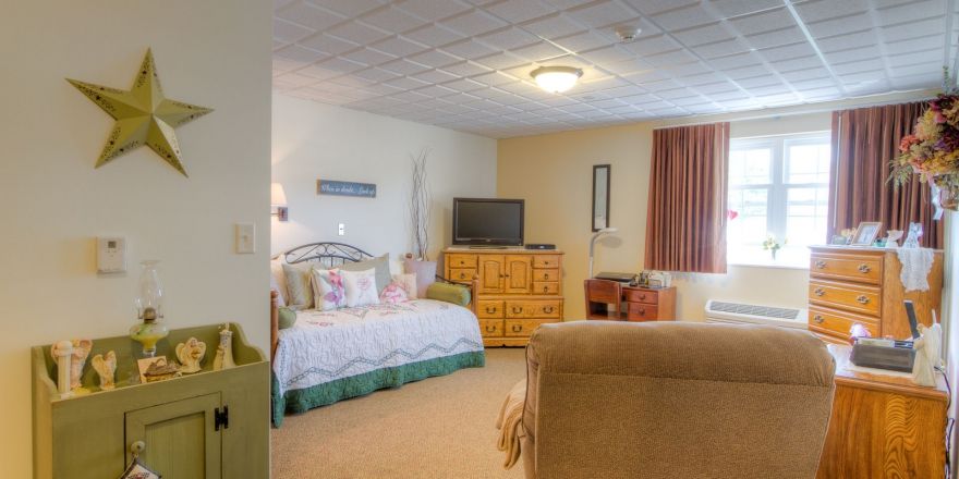 A cozy bedroom with a daybed, dresser, and television.
