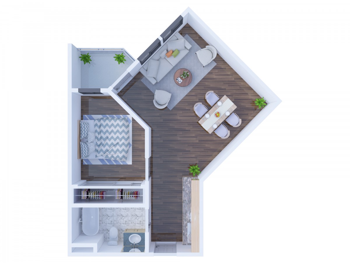 A modern apartment floor plan featuring a bedroom, living room, kitchen, and dining area.