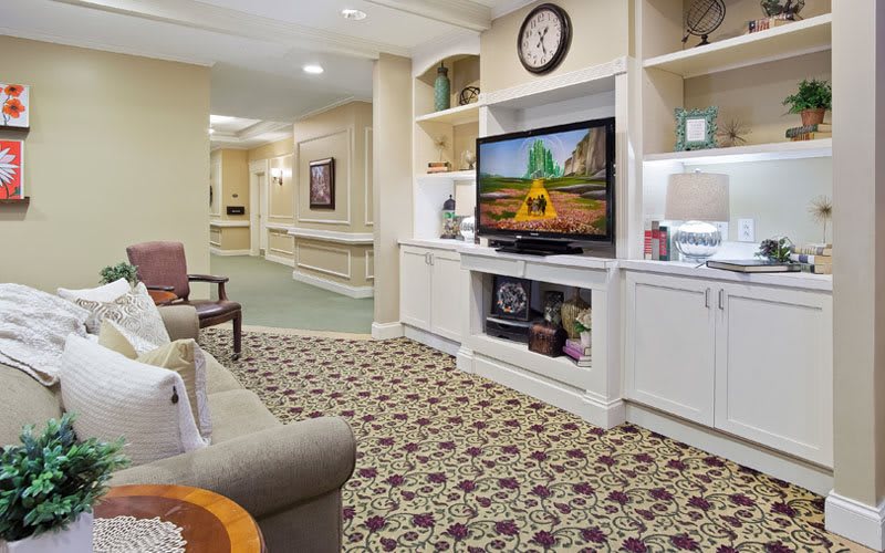 A cozy living room with an entertainment center featuring a television and decorative shelving, complemented by comfortable seating and a patterned carpet.