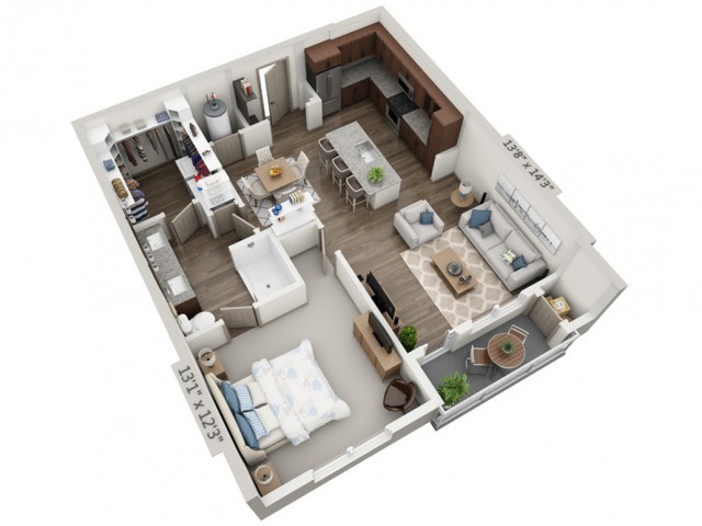 3D floor plan of a modern apartment with an open living area, kitchen, and bedroom.