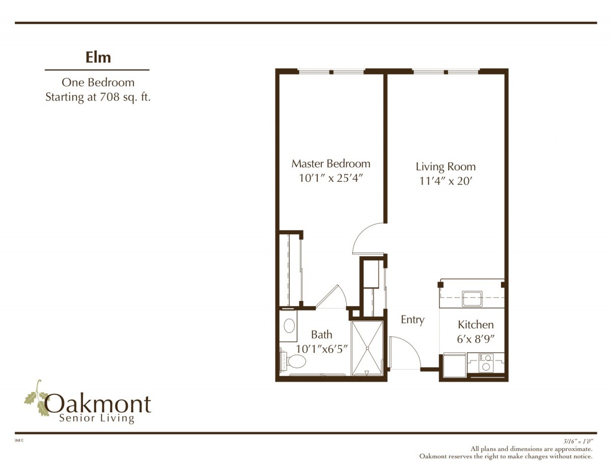 A one-bedroom apartment floor plan featuring a kitchen, living room, and bathroom.