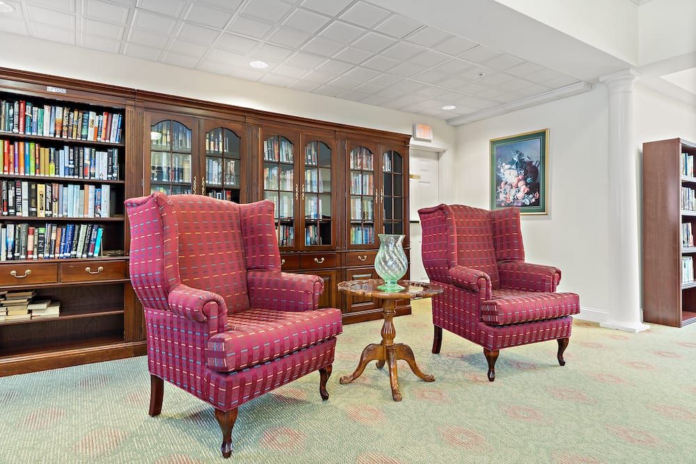 A cozy library corner with vintage armchairs and a wooden bookshelf.