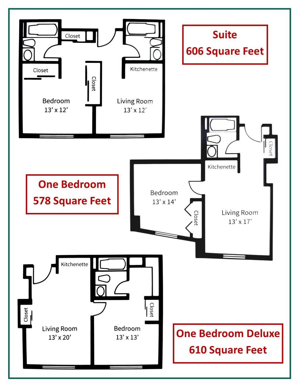 Various one-bedroom apartment floor plans with different square footage.
