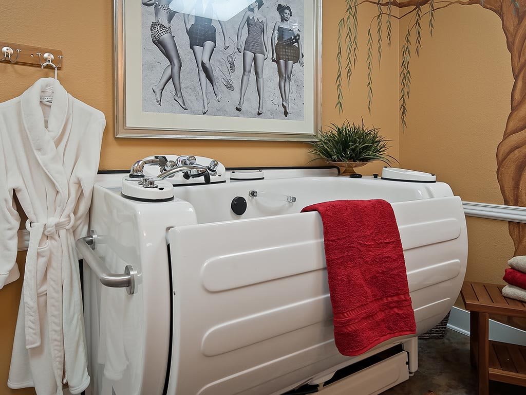 A bathroom featuring a walk-in bathtub with a red towel draped over the side, decorated with artwork and an indoor plant.