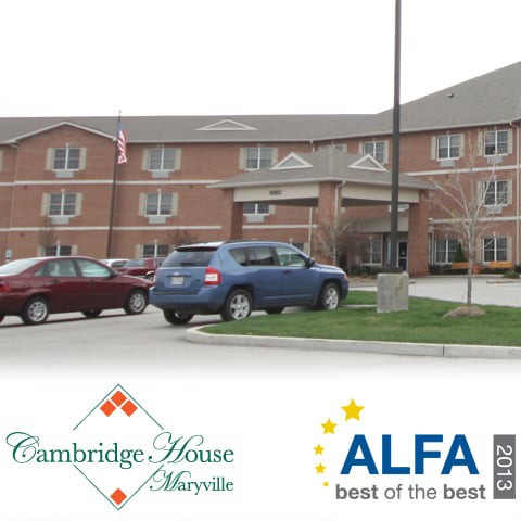 Exterior view of Cambridge House of Maryville with parked cars in front and ALFA Best of the Best logos.