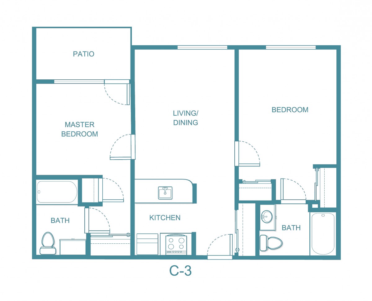 Blueprint of a two-bedroom apartment layout with living and dining areas.
