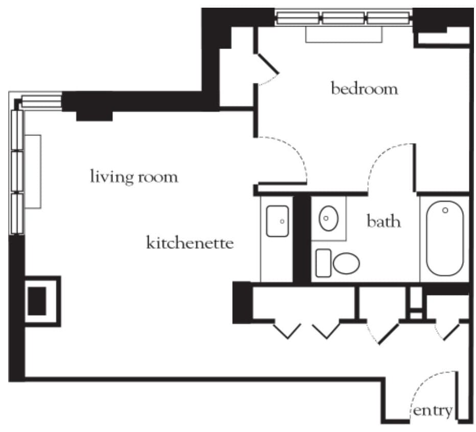 A simple floor plan of an apartment featuring a living room, kitchenette, bedroom, and bathroom.