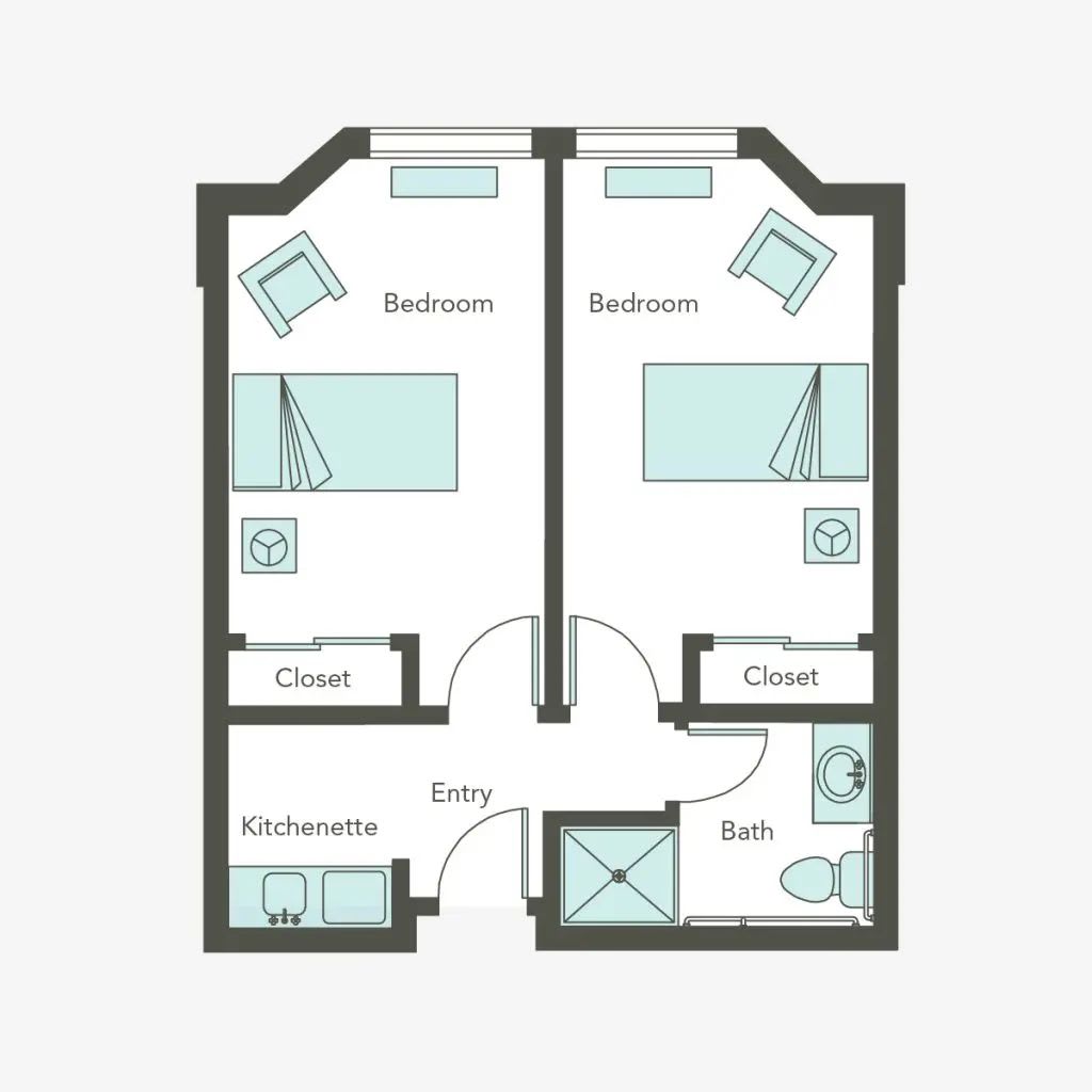 A floor plan of a two-bedroom apartment with closets, a shared bathroom, and a living area.