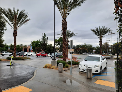 A view of a parking lot lined with palm trees under a cloudy sky.