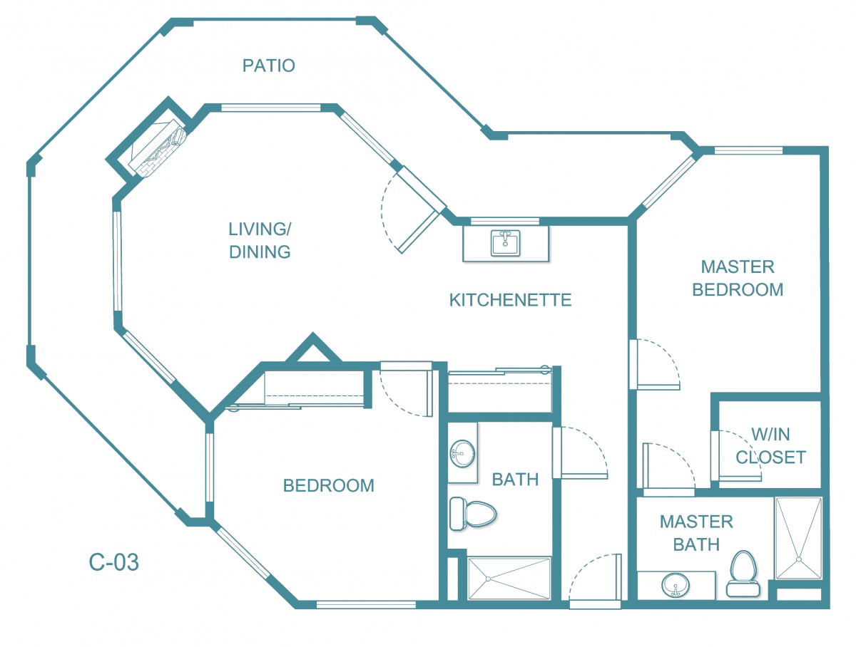 A detailed floor plan of an apartment featuring a patio, living/dining area, kitchenette, two bedrooms, and two bathrooms.