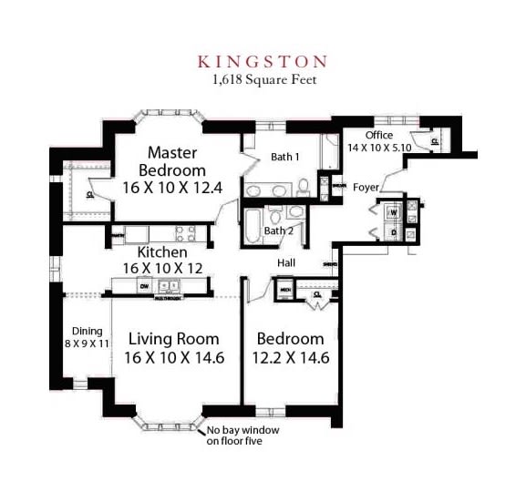A detailed floor plan of an apartment labeled 'Kingston' with dimensions for each room.