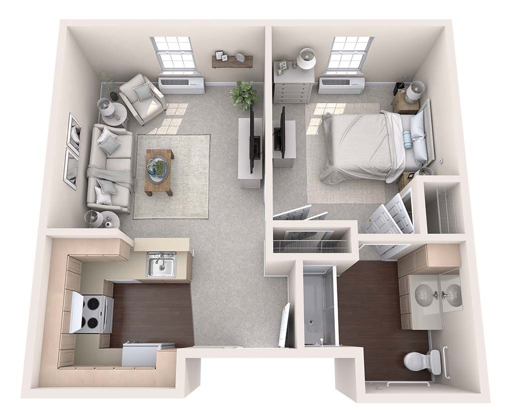 A top view of a one-bedroom apartment floor plan, featuring a living room, kitchen, bathroom, and bedroom.
