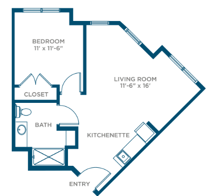 A floor plan of a one-bedroom apartment featuring a living room, kitchenette, bathroom, and closet.