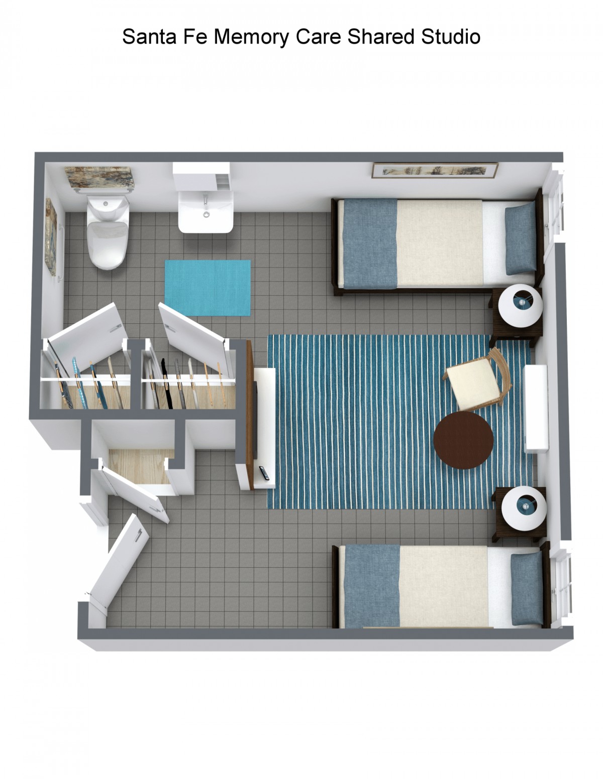 3D floor plan of a bedroom with twin beds and modern furnishings.