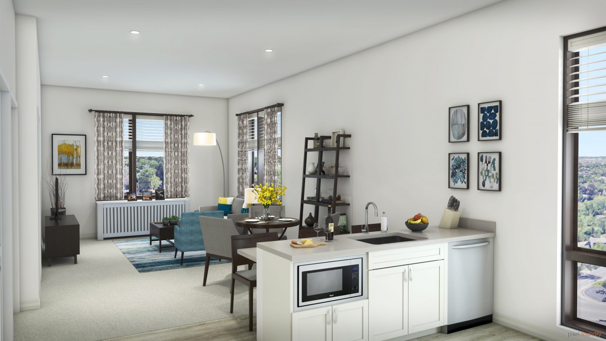Modern open-concept living room and kitchen with contemporary furniture and natural lighting.