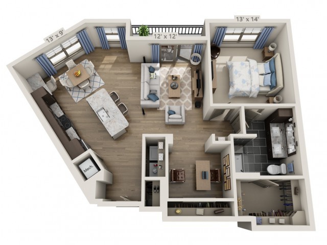 A 3D floor plan of a modern apartment featuring an open kitchen, living area, and one bedroom.