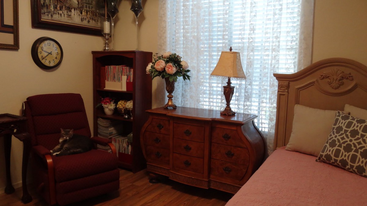 A cozy living room corner with a bookshelf, decorative lamp, and floral arrangement.
