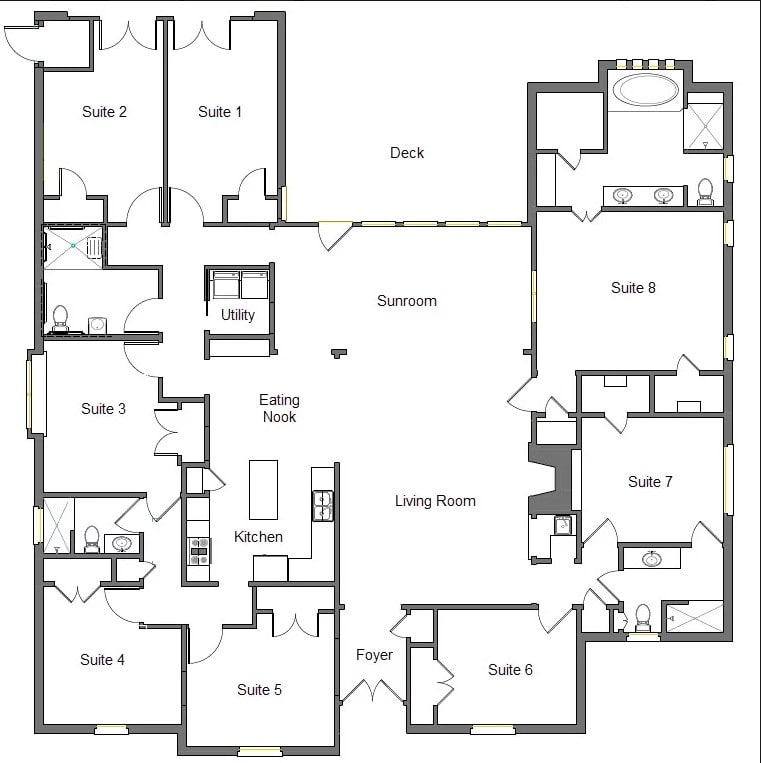 A detailed floor plan illustrating the layout of a house with multiple rooms and spaces.