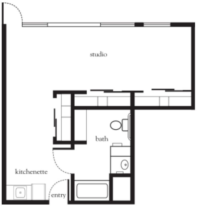 A floor plan of a studio apartment featuring a kitchen, bathroom, and main living area.