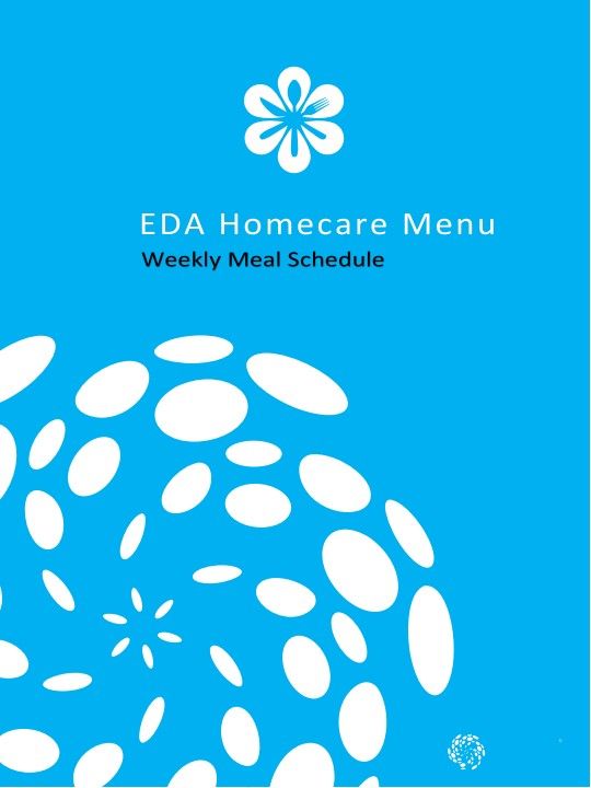 Cover of the EDA Homecare Menu with a Weekly Meal Schedule.