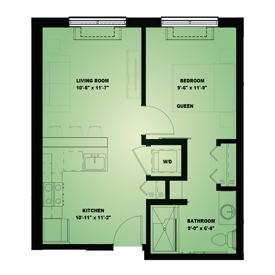 Floor plan of a one-bedroom apartment with living room, kitchen, and bathroom.