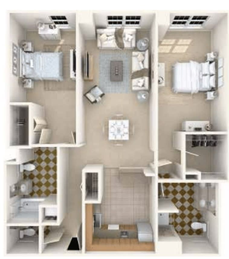 A detailed floor plan of a two-bedroom apartment featuring an open living and dining area.