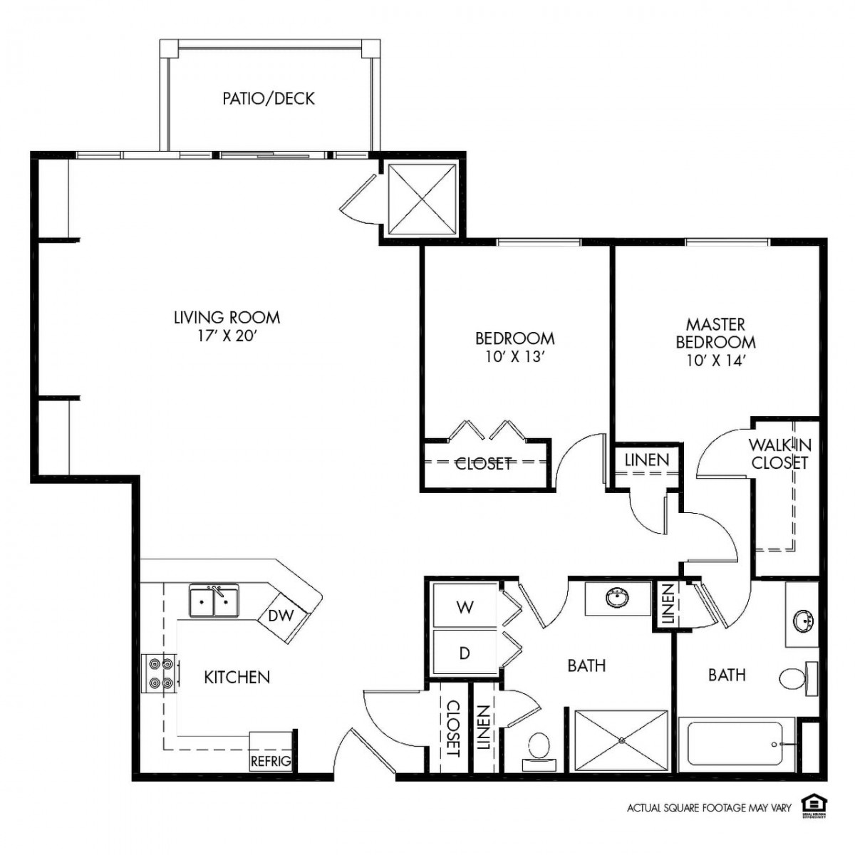 A floor plan depicting a two-bedroom apartment with labeled rooms and dimensions.