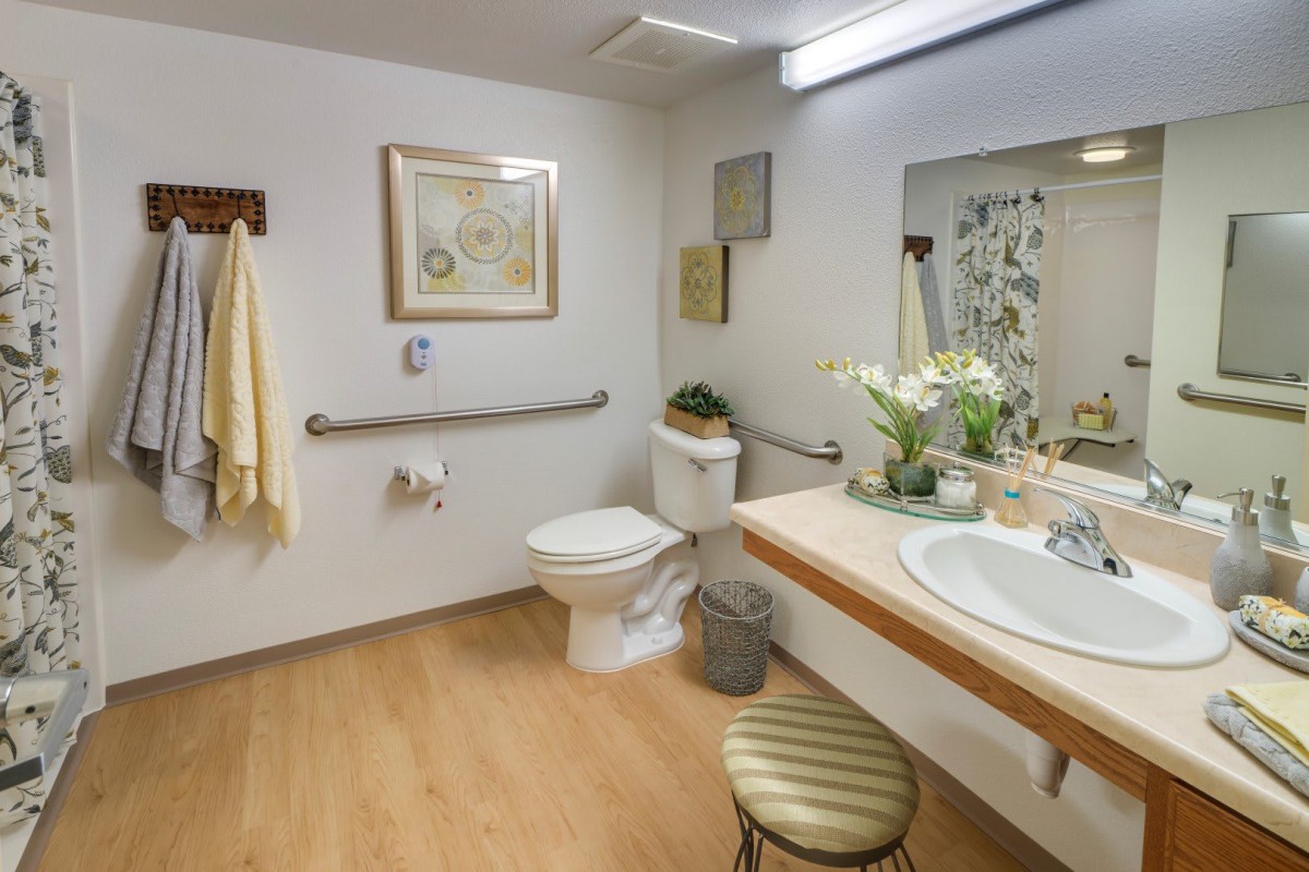 A well-designed bathroom with accessibility features, including handrails and a spacious layout.