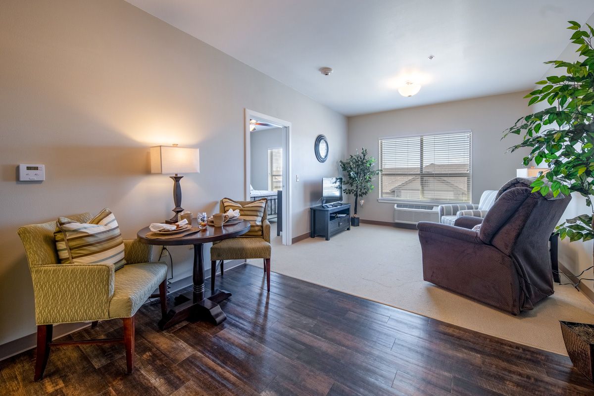 A cozy living room with a small dining area, featuring hardwood floors, a sofa, television, and a decorative plant.