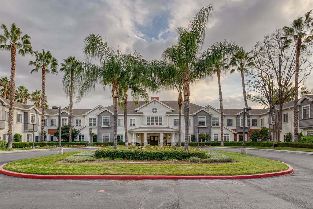 A large residential building with palm trees and well-maintained landscaping at the entrance.