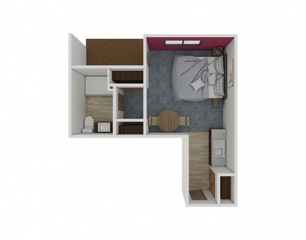 Compact apartment floor plan featuring a bedroom, bathroom, and living area.