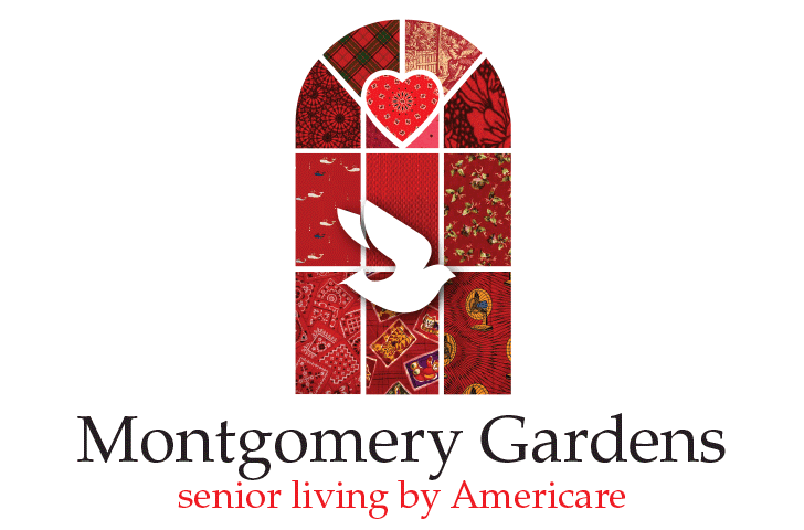 Logo for Montgomery Gardens, senior living by Americare, featuring a dove and heart in stained glass design.