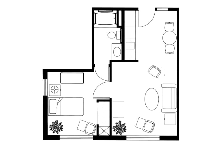 A detailed floor plan of an apartment, showing the arrangement of furniture in the living room, bedroom, bathroom, and kitchen.