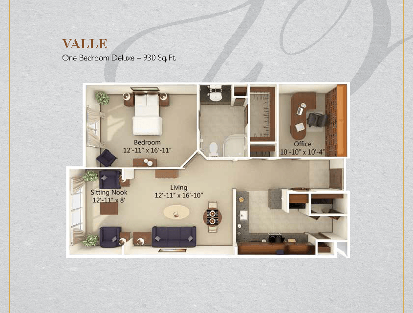 A 3D floor plan of a one-bedroom deluxe apartment featuring a living area, bedroom, kitchen, and bathroom.
