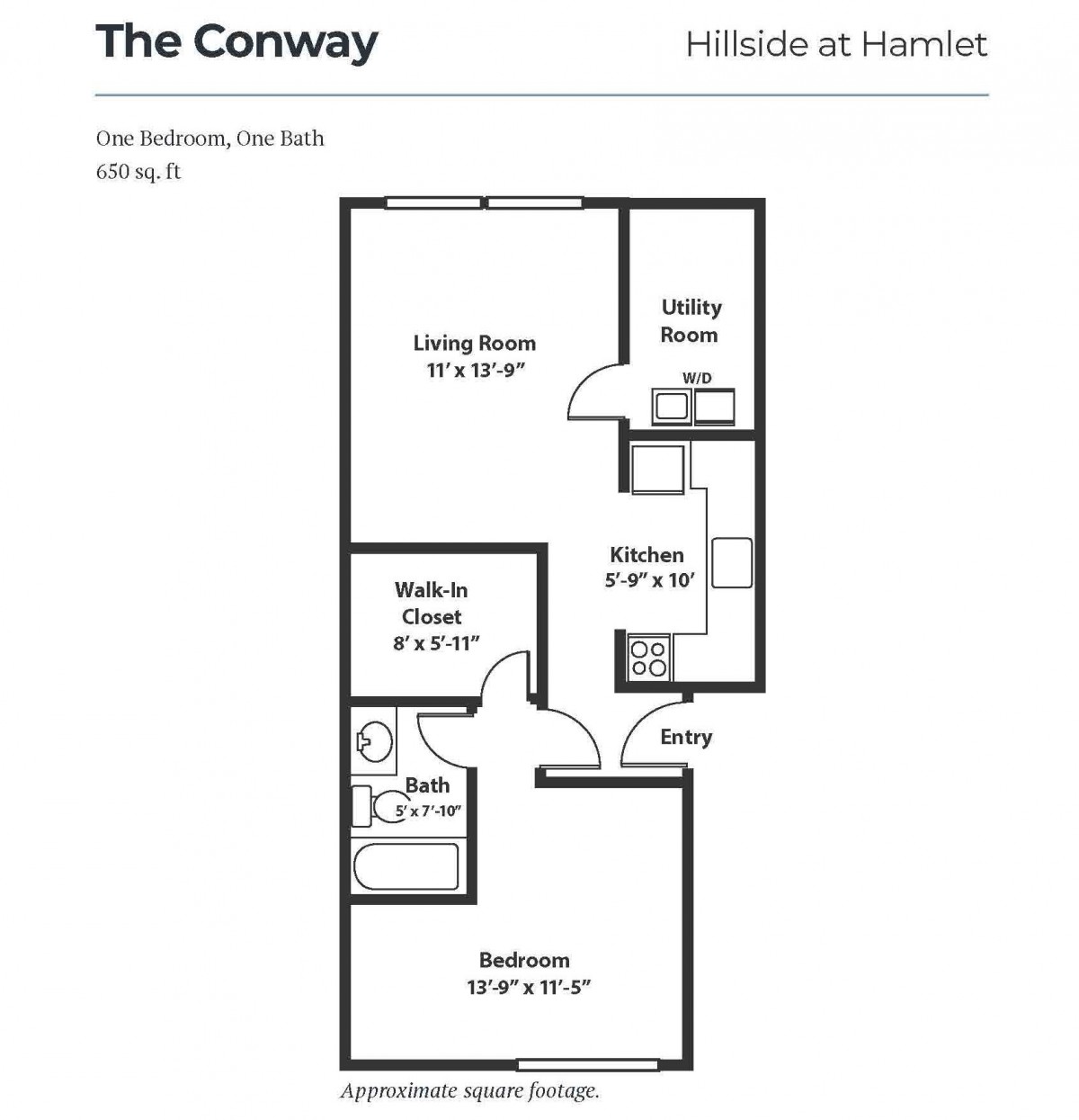 Floor plan of a one-bedroom apartment including a living room, kitchen, and bathroom.