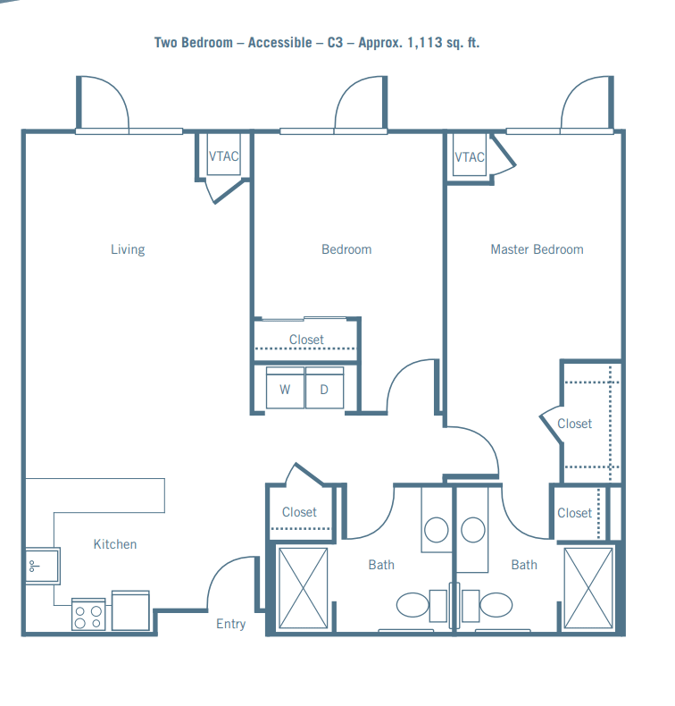 A floor plan of a two-bedroom apartment with designated living and kitchen areas.