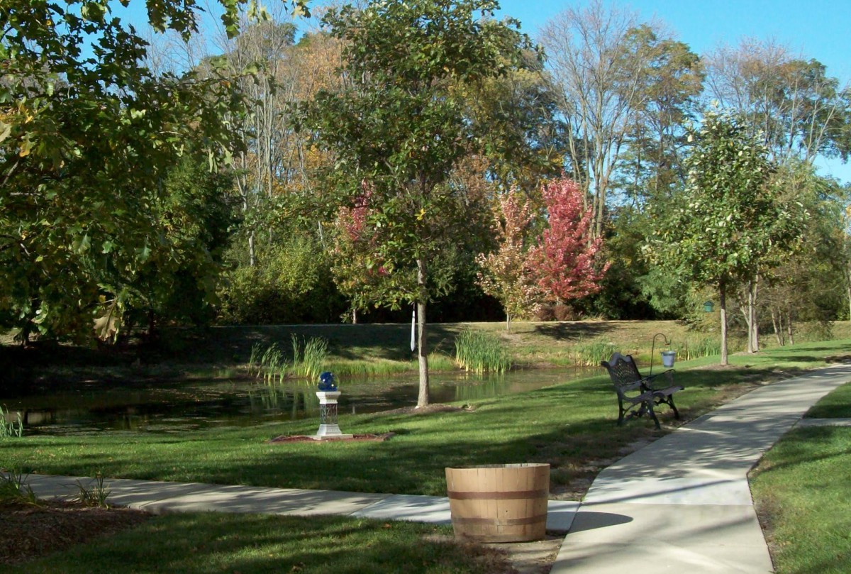 A serene park setting with a small lake, benches along a pathway, and trees displaying autumn colors.