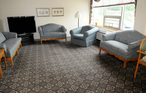 A cozy living room featuring light blue sofas and a patterned carpet.