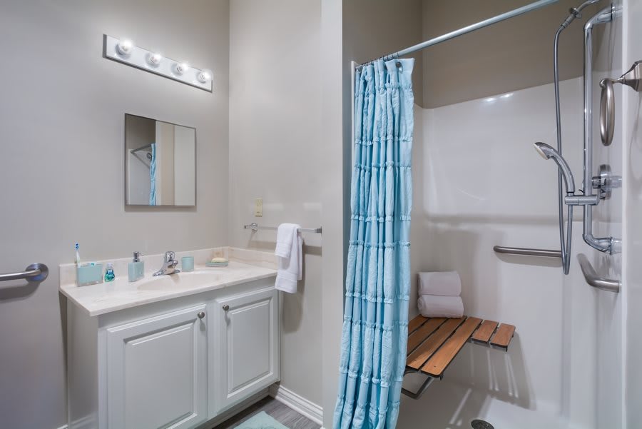 A modern bathroom with a blue shower curtain, vanity with dual sinks, and well-lit mirror.
