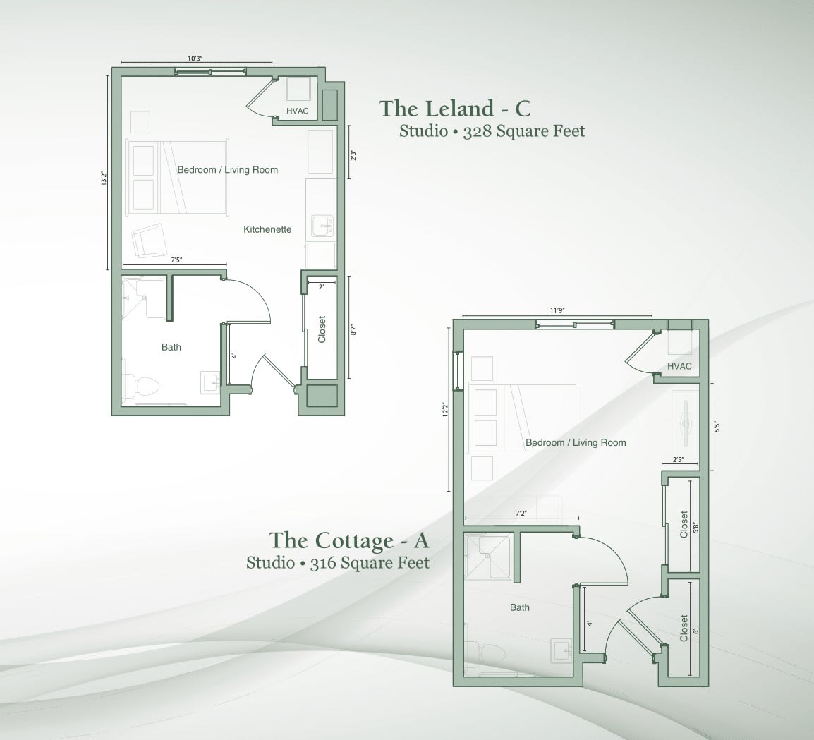 Floor plans for studio apartments, showcasing two different layouts.